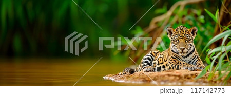 Jaguar animal in Pantanal, Brazil jungle. Amazon onca cat. Wildlife nature in America. Spotted leopard in forest near water. Fauna banner with Jaguar from Brazil Amazonia, Colombia, Guatemala, Bolivia 117142773