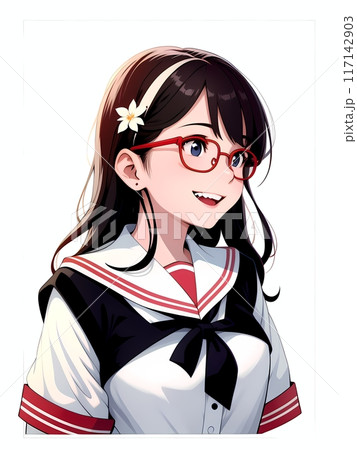 AIで生成したメガネをかけた髪の長い女子学生 117142903