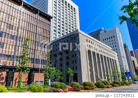 東京　千代田区 丸の内　日比谷通りから見た 帝国劇場と第一生命日比谷ファースト　 117143011