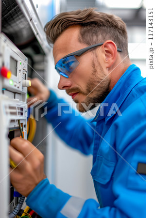 A man in a blue uniform is wearing blue safety glasses 117143151