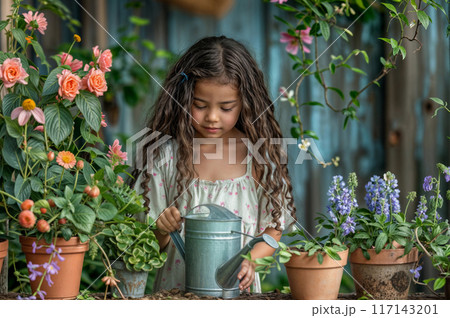 Small black girl with watering can and flower pots. Cute african kid in spring or summer backyard. Happy child, work in garden. Farm girl, environment concept. Flower care girl. Kid with watering can 117143201