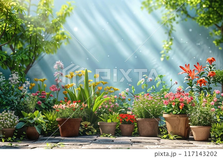 Backyard with flower pots and tree. Garden plants in flowerpots. Summer patio terrace. Outdoor home background. Outside rustic style yard with flower pots. Sunny beautiful green backyard with sun rays 117143202