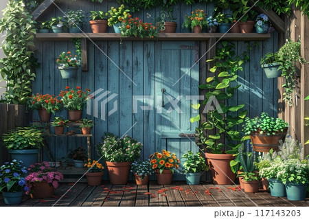 Backyard with flower pots. Garden plants. Spring patio or terrace. Outdoor summer home background with different flowerpots. Outside rustic style yard with flower pots. Sunny beautiful wooden backyard 117143203