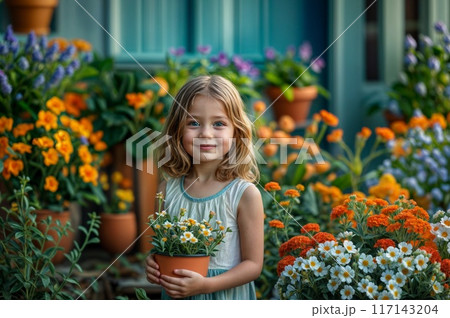 Small blond girl with daisy flower pot. Cute kid in spring or summer backyard. Happy child, working in garden. Farm girl, environment concept. Flower care girl. Kid with flower pots 117143204