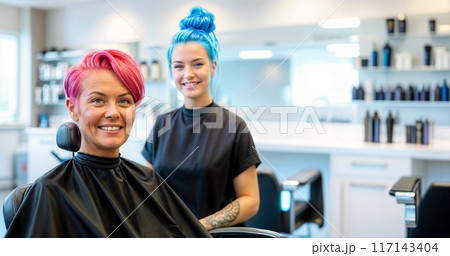 Hair salon for woman. Hairdresser and senior model with pink haircut. Stylist, girl with blue hair and mature client with color hairstyle. Beauty banner. Pink short hair cut style for old happy female 117143404