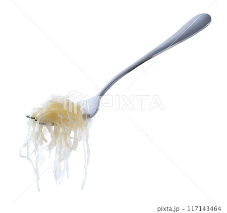 Sauerkraut on a metal fork isolated on white background. Sauerkraut on a metal fork isolated on white background. 117143464