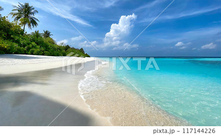 青い空と白い砂浜　穏やかな波を持つ美しい海 117144226
