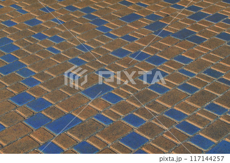 Blue Brown Color Diagonal Pattern Lines Stripes Paving Stone Floor Surface Street Road City Texture Background Tile 117144257