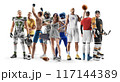 Big sport collage. American football, fitness, MMA, longboarding, basketball, soccer, hockey. Professional athletes. Isolated in white backgrounds 117144389