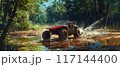 A buggy rides at through the jungle. Extreme. Splashes, dirt, branches, stones. Off-road racing. Auto-sport. Generative ai. Jungle. Sport 117144400