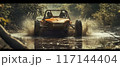 A buggy rides at through the jungle. Extreme. Splashes, dirt, branches, stones. Off-road racing. Auto-sport. Generative ai. Jungle. Sport 117144404