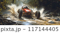 A buggy rides at through the jungle. Extreme. Splashes, dirt, branches, stones. Off-road racing. Auto-sport. Generative ai. Jungle. Sport 117144405