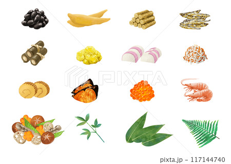 おせち料理の水彩画風ベクターイラストセット 117144740