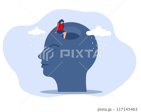 Sad girl Mental health concept,Depressed woman sits on the edge of dark hole and sees no prospects on head human Depressed person Vector illustration 117145463