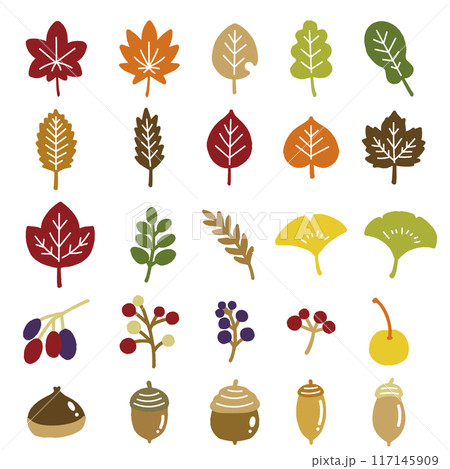 紅葉した葉っぱと秋の木の実のフラットなイラスト(セット) 紅葉した葉っぱと秋の木の実のフラットなイラスト(セット) 117145909
