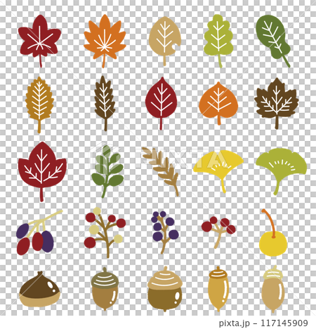 紅葉した葉っぱと秋の木の実のフラットなイラスト(セット) 紅葉した葉っぱと秋の木の実のフラットなイラスト(セット) 117145909