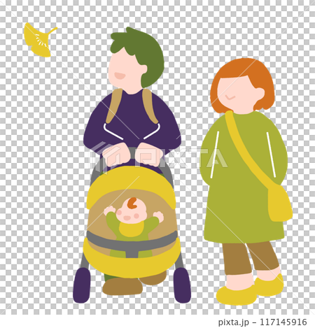 A flat illustration of a parent and child with a baby on a walk enjoying the autumn leaves A flat illustration of a parent and child with a baby on a walk enjoying the autumn leaves 117145916