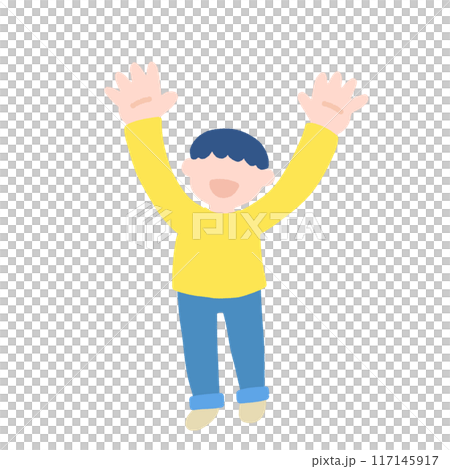 Flat illustration of a boy raising his hands and looking up at the sky Flat illustration of a boy raising his hands and looking up at the sky 117145917