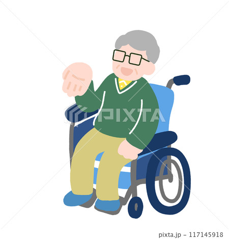 手のひらを上に向ける車いすシニア男性のフラットなイラスト 117145918