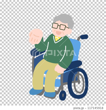 手のひらを上に向ける車いすシニア男性のフラットなイラスト 117145918