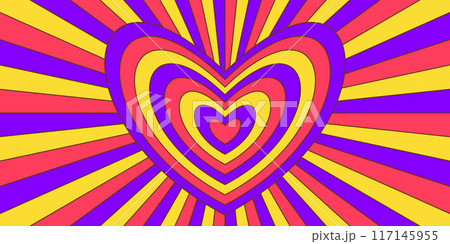 Retro trippy psychedelic background. Purple, yellow and red groovy heart with ray burst wallpaper. Vintage colorful hippie tunnel poster. Hypnotic love vibe concept. Vector valentine backdrop Retro trippy psychedelic background. Purple, yellow and red groovy heart with ray burst wallpaper. Vintage colorful hippie tunnel poster. Hypnotic love vibe concept. Vector valentine backdrop 117145955