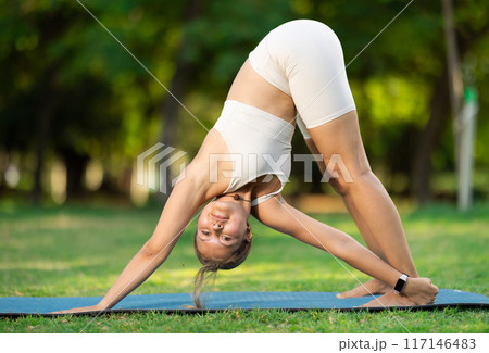 Girl in park on green grass of lawn performs Adho Mukha Svanasana Girl in park on green grass of lawn performs Adho Mukha Svanasana 117146483
