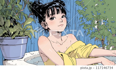温泉に浸かっている若い女性