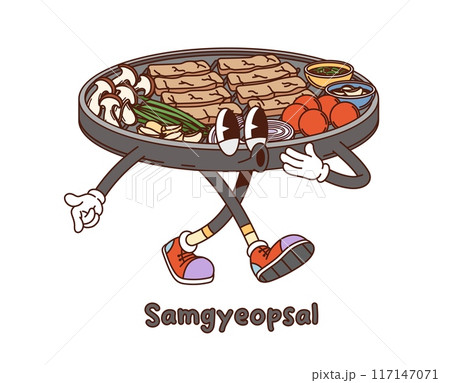 Cartoon groovy Korean samgyeopsal character. Vector popular korean barbecue dish personage featuring a sizzling grill with pork belly slices, mushrooms, garlic, green onions, and various side dishes Cartoon groovy Korean samgyeopsal character. Vector popular korean barbecue dish personage featuring a sizzling grill with pork belly slices, mushrooms, garlic, green onions, and various side dishes 117147071