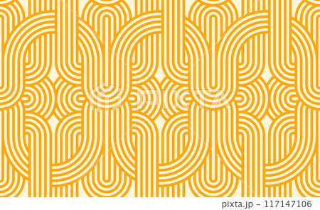 Ramen noodles pasta seamless pattern. Vector tile background featuring intertwined macaroni or spaghetti strands, curved lines and waves in yellow colors, creating a repeating and continuous effect 117147106
