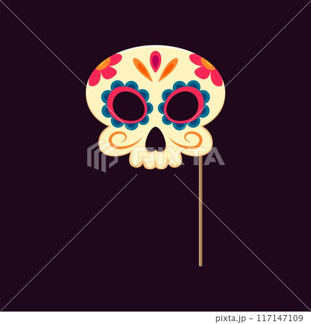 Dead day photo booth mask with props. Mexican dia de los muertos holiday sugar skull features intricate, colorful floral motifs, inspired by Halloween traditions, adding a festive touch to photos 117147109