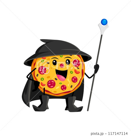 Cartoon Halloween pizza fast food mage, wizard and witch character. Isolated vector whimsical personage with cheese, pepperoni, cloak and hat, conjuring with a staff, casting delicious culinary spells Cartoon Halloween pizza fast food mage, wizard and witch character. Isolated vector whimsical personage with cheese, pepperoni, cloak and hat, conjuring with a staff, casting delicious culinary spells 117147114