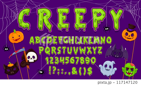 Creepy Halloween font, zombie typeface, spooky Helloween alphabet scary type with cartoon monsters masks. English abc characters vector font, green slime letters and numbers, Halloween pumpkin, ghosts Creepy Halloween font, zombie typeface, spooky Helloween alphabet scary type with cartoon monsters masks. English abc characters vector font, green slime letters and numbers, Halloween pumpkin, ghosts 117147120