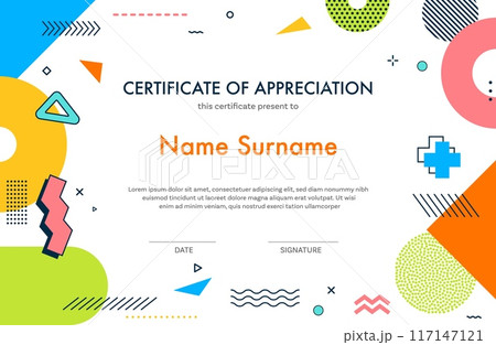 Certificate template with Memphis shapes for diploma award, vector background. Education diploma or appreciation certificate template with abstract geometric minimal shapes of 80s Memphis pattern Certificate template with Memphis shapes for diploma award, vector background. Education diploma or appreciation certificate template with abstract geometric minimal shapes of 80s Memphis pattern 117147121