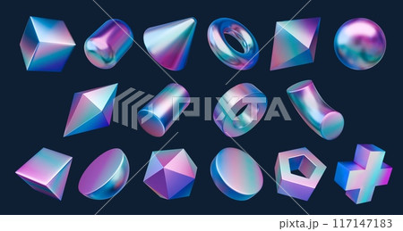 3d chrome holographic iridescent metal shapes, rainbow gradient figures. Vector cube, cylinder, sphere, cone and torus, pyramid, octahedron, hemisphere or prism. Tetrahedron, dodecahedron or ellipsoid 3d chrome holographic iridescent metal shapes, rainbow gradient figures. Vector cube, cylinder, sphere, cone and torus, pyramid, octahedron, hemisphere or prism. Tetrahedron, dodecahedron or ellipsoid 117147183