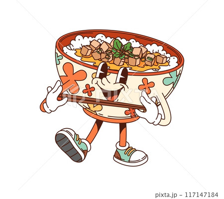 Cartoon groovy oyakodon donburi character. Isolated vector vibrant and playful bowl holding chopsticks and appears happy, conveying fun and cheerful vibe, inviting to indulge traditional Japanese meal 117147184