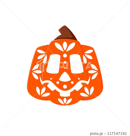 Halloween mexican holiday pumpkin carving face. Mexican Day of the Dead funny Jack o lantern print, Halloween cute carving skull or Mexico holiday pumpkin face vector icon with flower ornaments 117147192