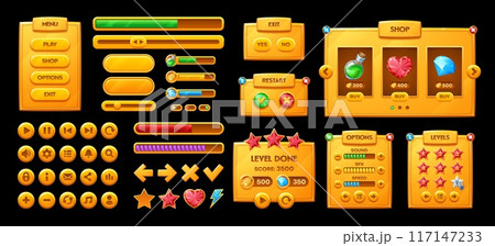 Golden game interface icons, GUI buttons and panels with loading bars, vector elements. Arcade game interface golden buttons, menu controls and score panel for level options and gamer user UI settings 117147233
