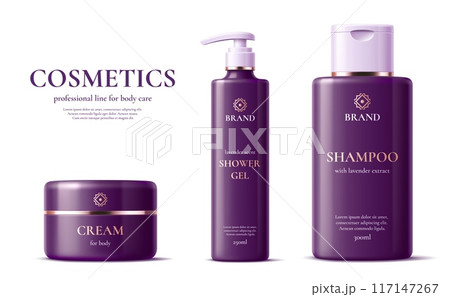 Hair shampoo bottle, shower gel and body cream purple packages cosmetic product template. Professional line with lavender extract of body care cosmetics. Realistic 3d vector jar and bottle mockups 117147267