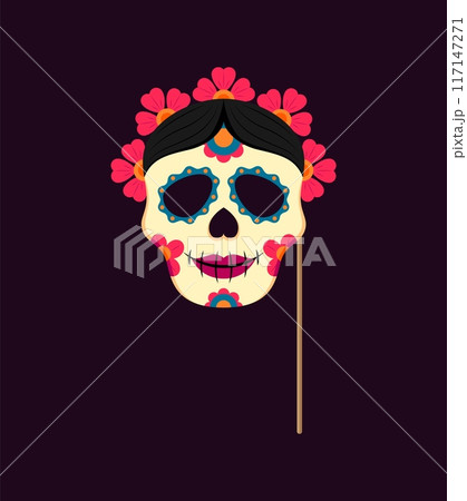Dead day photo booth mask with props. Mexican dia de los muertos holiday Katrina sugar skull with intricate floral patterns, and wreath, inspired by Mexico traditions, perfect for festive celebrations Dead day photo booth mask with props. Mexican dia de los muertos holiday Katrina sugar skull with intricate floral patterns, and wreath, inspired by Mexico traditions, perfect for festive celebrations 117147271