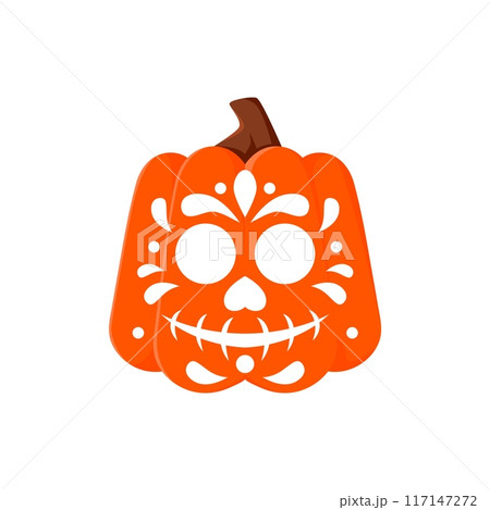 Day of the Dead Mexican pumpkin carving. Halloween smiling pumpkin face print, Mexican Day of the Dead cute Jack o lantern or Mexico holiday carving ornate skull vector tattoo, icon or decoration Day of the Dead Mexican pumpkin carving. Halloween smiling pumpkin face print, Mexican Day of the Dead cute Jack o lantern or Mexico holiday carving ornate skull vector tattoo, icon or decoration 117147272