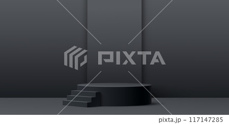 Grey podium stage with stairs, pedestal stage for product display, vector showcase. Premium luxury grey podium stage with stairs or ladder steps to platform pillar for showroom background 117147285