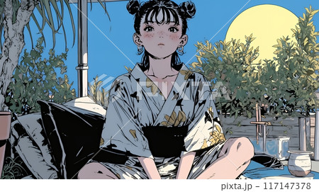 一人で月見酒をしている若い女性