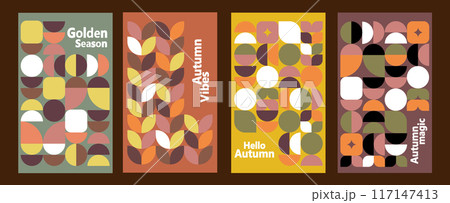 Autumn. Scandinavian style geometric mosaic. Hello, autumn. Background for sale banner, poster, flyer, cover, postcard. Set of vector illustrations. 117147413