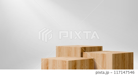 Wooden square cube podium stages of wood block platforms, vector mockup on white background. Product display podiums of three realistic wooden cubes for exhibition display or showcase stand pedestal 117147546