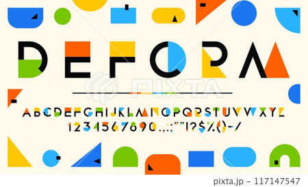 Color geometry font, modern art type letters and numbers with rainbow color geometric shapes and figures, vector typography. English abc characters abstract font in frame of colorful geometry pattern Color geometry font, modern art type letters and numbers with rainbow color geometric shapes and figures, vector typography. English abc characters abstract font in frame of colorful geometry pattern 117147547