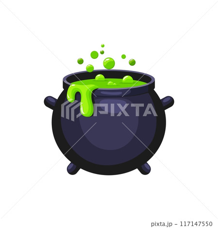 Cartoon Halloween witch cauldron emoji, magic pot with green potion. Vector steel boiler with boiling magic brew or steaming goo. Isolated evil item for wizard, sorceress or mage, kettle with poison Cartoon Halloween witch cauldron emoji, magic pot with green potion. Vector steel boiler with boiling magic brew or steaming goo. Isolated evil item for wizard, sorceress or mage, kettle with poison 117147550