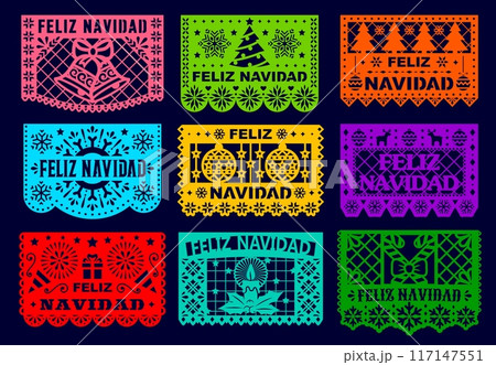 Mexican holiday Feliz Navidad paper cut or papel picado flags, vector banners. Christmas tree, snowflakes and holly with candle and gift in paper cut for Mexican Feliz Navidad holiday decorations 117147551