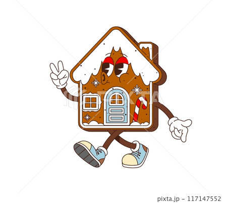 Retro groovy Christmas house gingerbread cookie character. Vector playful holiday pastry personage with smiling face, glaze and candy cane decorations, funky wearing sneakers and showing peace gesture 117147552