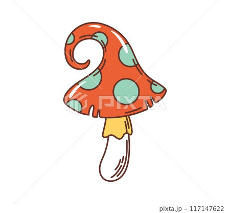 70s 80s hippie symbol, retro groovy mushroom. Retro magic mushroom, cartoon hippie fairytale toadstool or vintage funky isolated vector amanita. Groovy psychedelic symbol 117147622