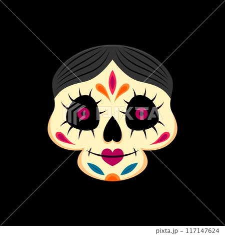 Day of the Dead Mexican ornate skull. Hispanic culture holiday death face icon, Mexican Dia de Los Muertos skeleton head or Mexico Halloween celebration sugar calavera skull vector tattoo or icon 117147624